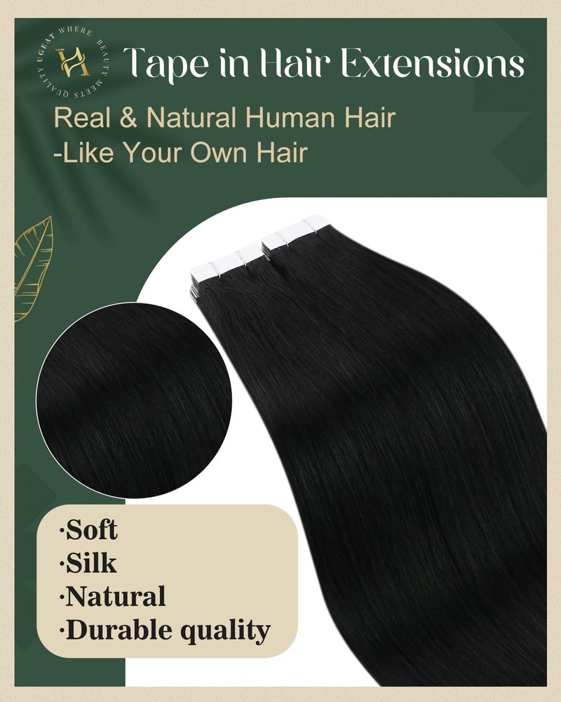Ugeat Tape in Extensions Human Hair Jet Black Tape in Hair Extensions Human Hair Black Glue in Hair Extension for Women Add Length 22 Inch 20Pcs 50G - Image 2